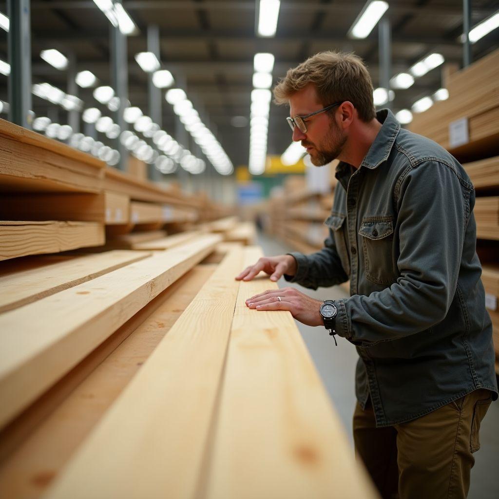 Selecting straight pine lumber boards at the store for a farmhouse table build