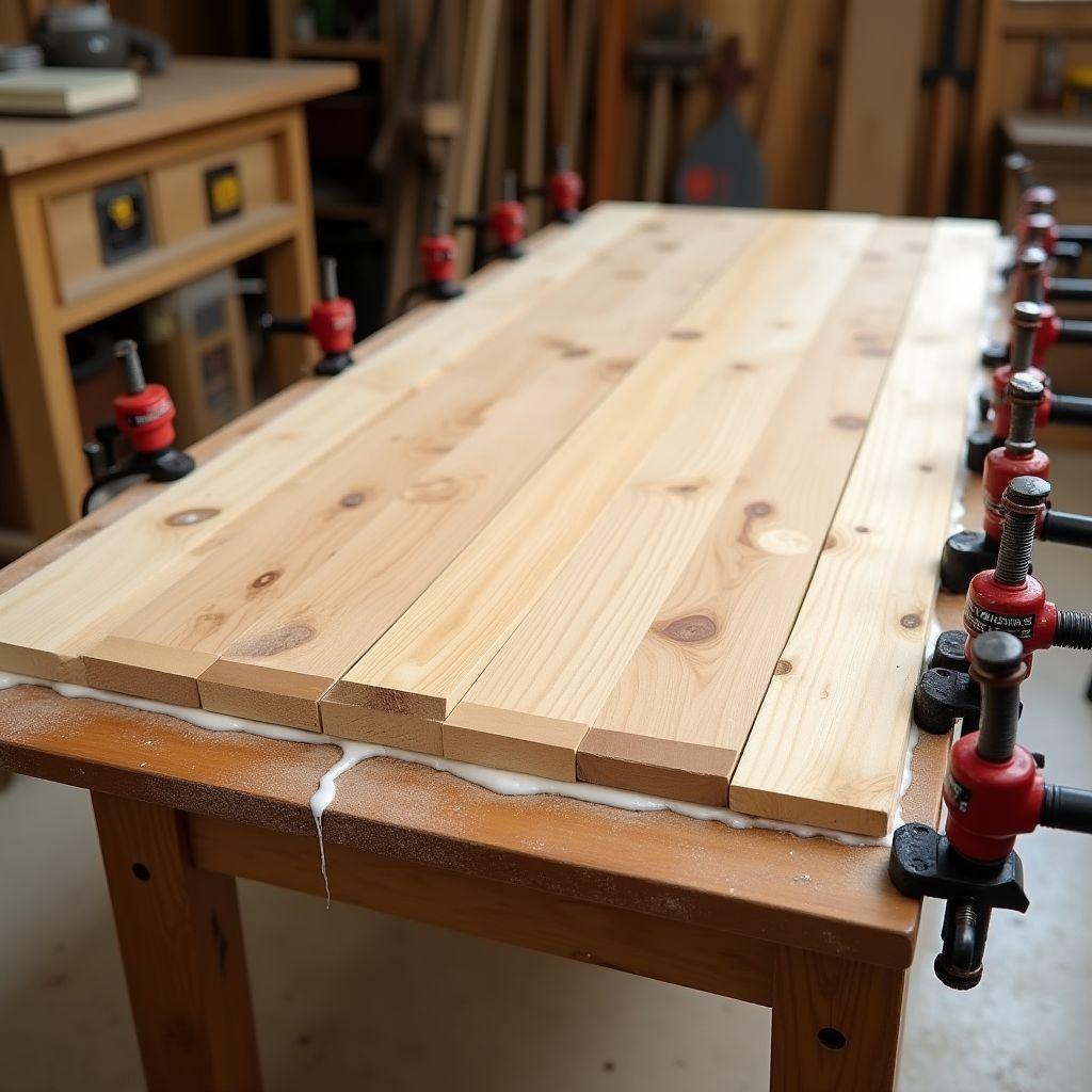 Clamping glued-up pine boards for a farmhouse tabletop glue-up