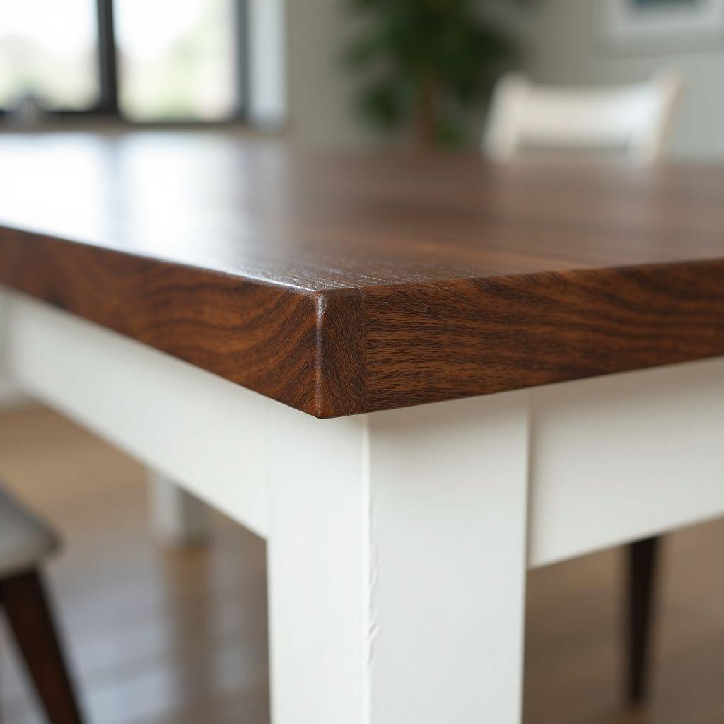 Two-tone farmhouse table finish: walnut stained top with white chalk-painted base