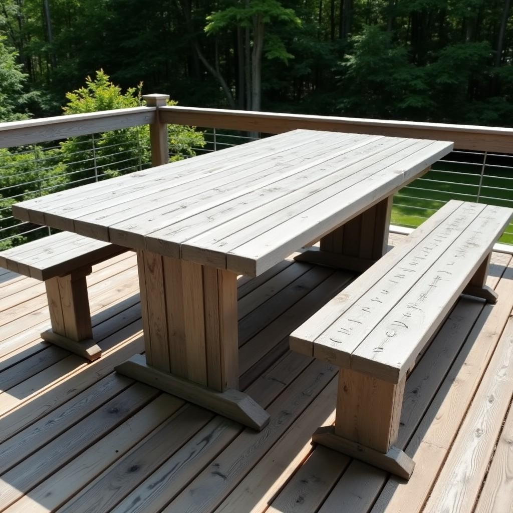 Finished outdoor patio dining table with matching benches and slatted cedar top on a wood deck