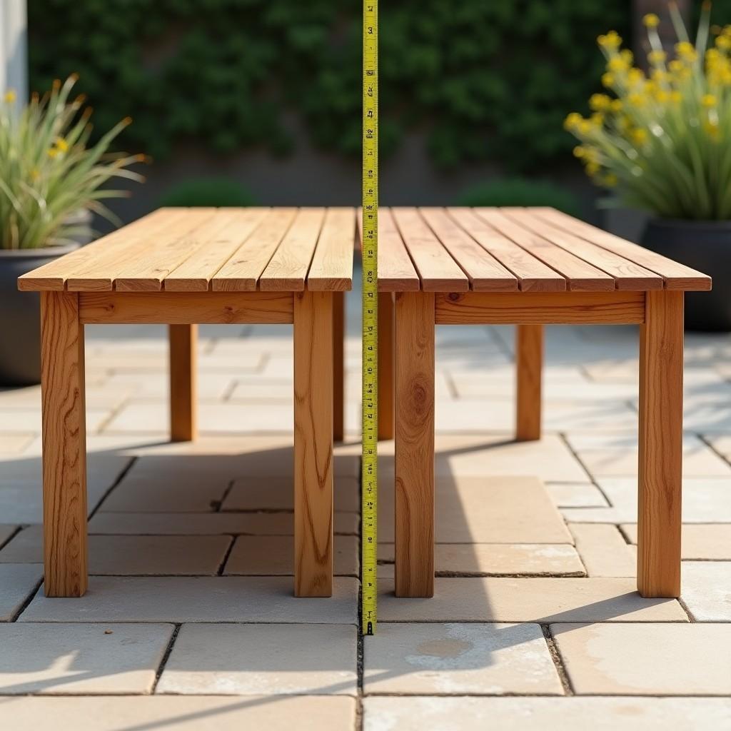 Side by side comparison of 6-person and 8-person outdoor cedar dining tables with measuring tape