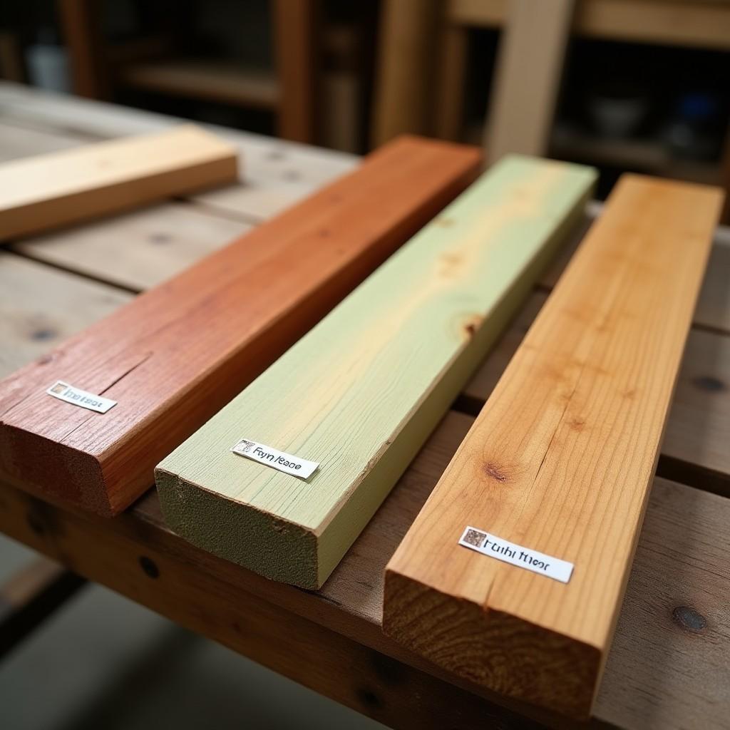 Cedar, pressure-treated pine, and teak wood samples on a workbench for outdoor furniture comparison
