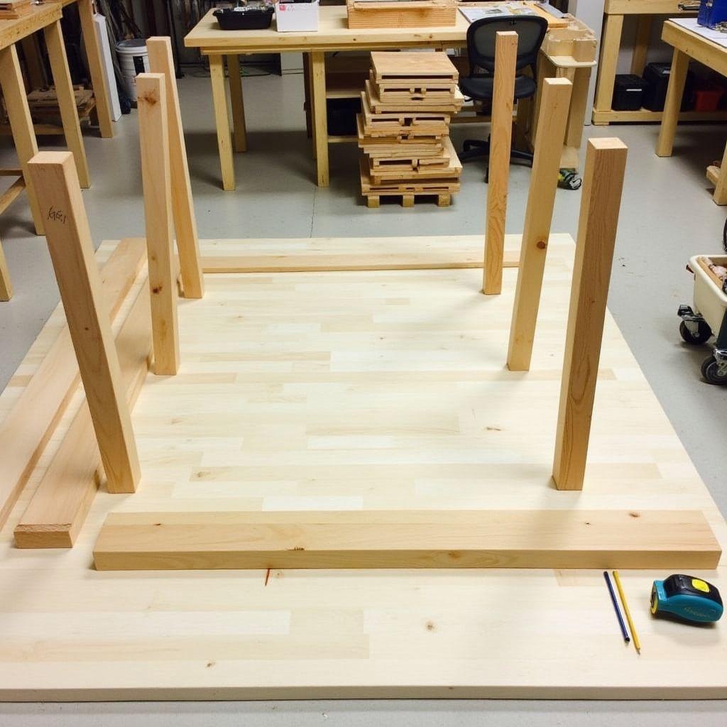 Cut list lumber laid out for DIY wood wedding arch with tape measure and pencil