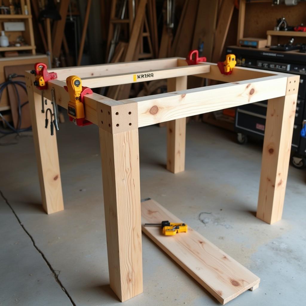 Outdoor dining table base assembly with 4x4 legs and pocket hole joinery, framing square checking corners
