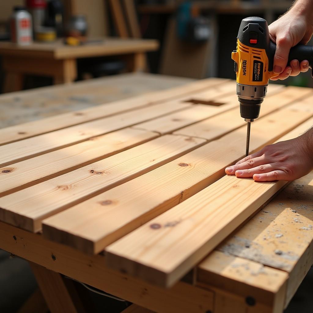 Slatted outdoor tabletop assembly with quarter-inch drainage gaps between cedar boards and umbrella hole