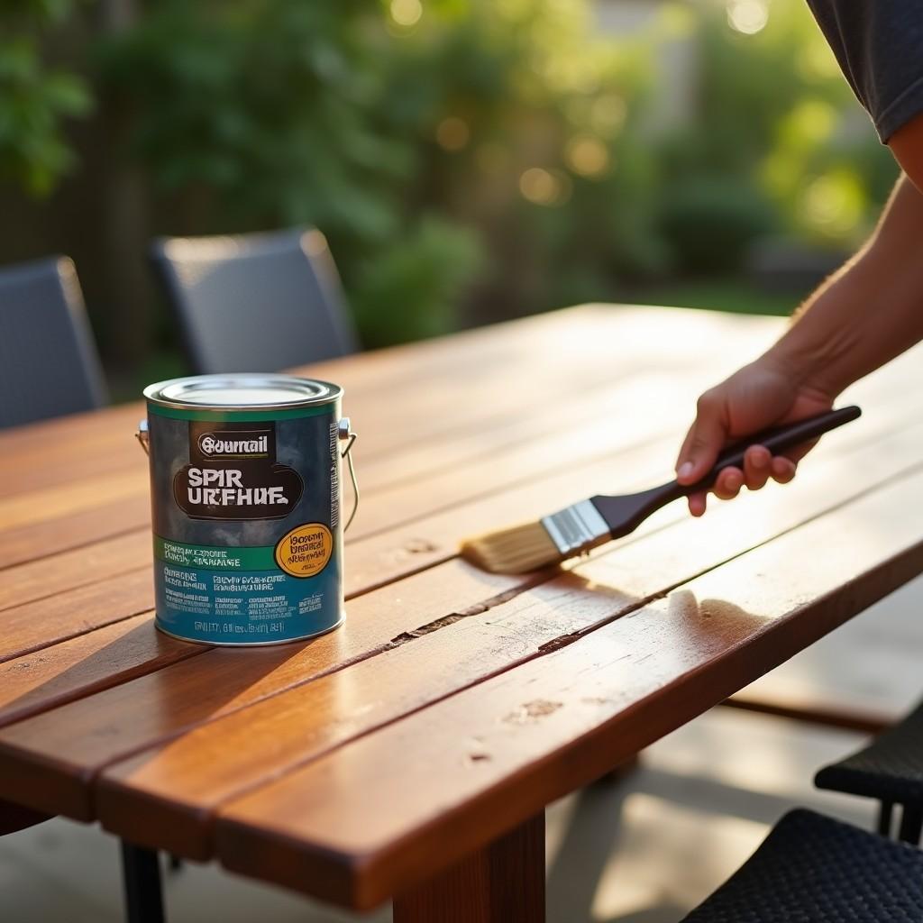 Applying spar urethane weatherproof finish to outdoor cedar dining table in shaded patio