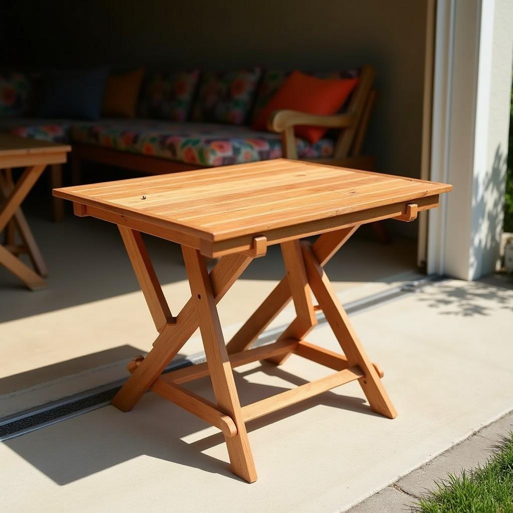 Finished cedar foldable patio table folded flat leaning against a wall showing compact 4-inch folded profile
