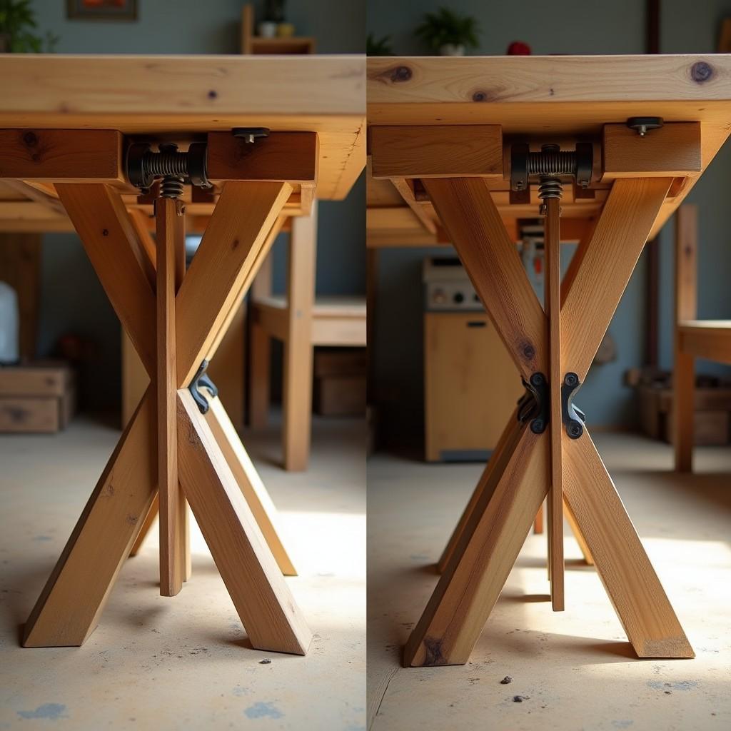 Side by side comparison of folding bracket mechanism and pivot bolt X-frame mechanism for DIY patio tables