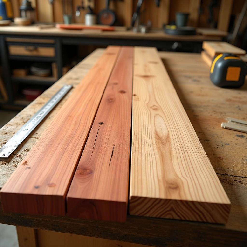 Western red cedar boards with natural reddish grain laid out on workbench for outdoor folding table project