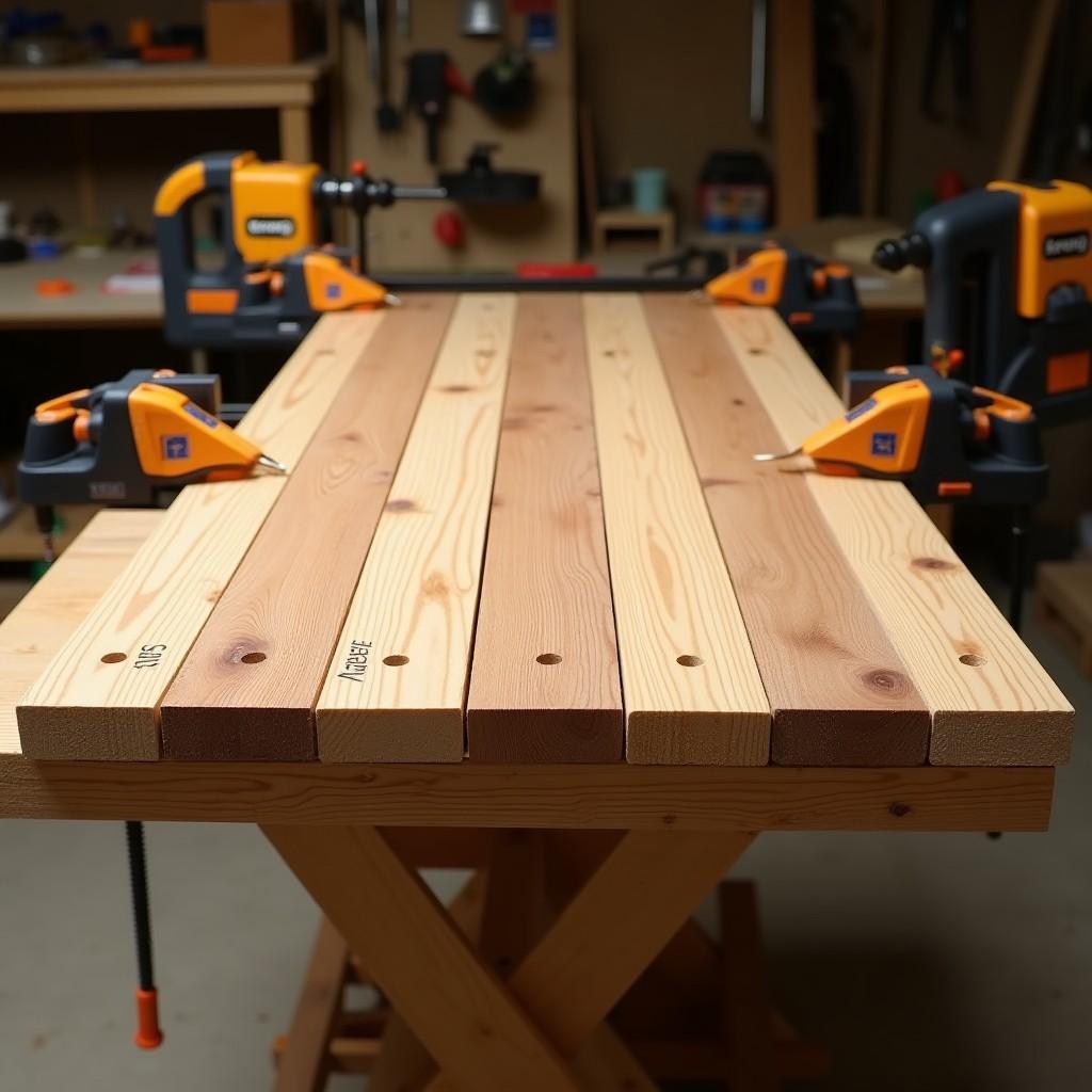 Building folding table tabletop with quarter-inch drainage gaps between cedar slats using Kreg pocket hole jig