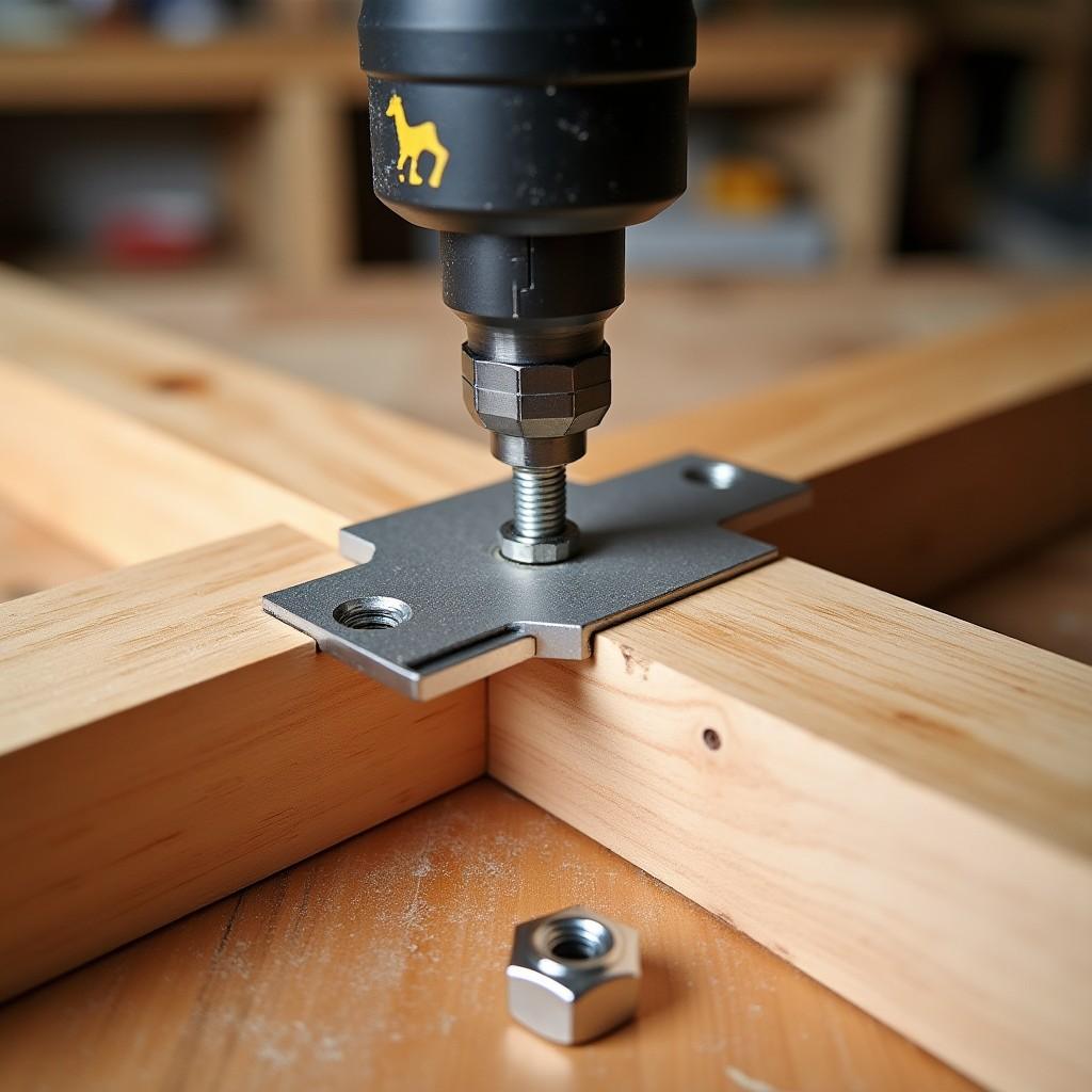 Drilling perpendicular pivot hole through cedar X-frame leg boards using Milescraft drill guide for folding table