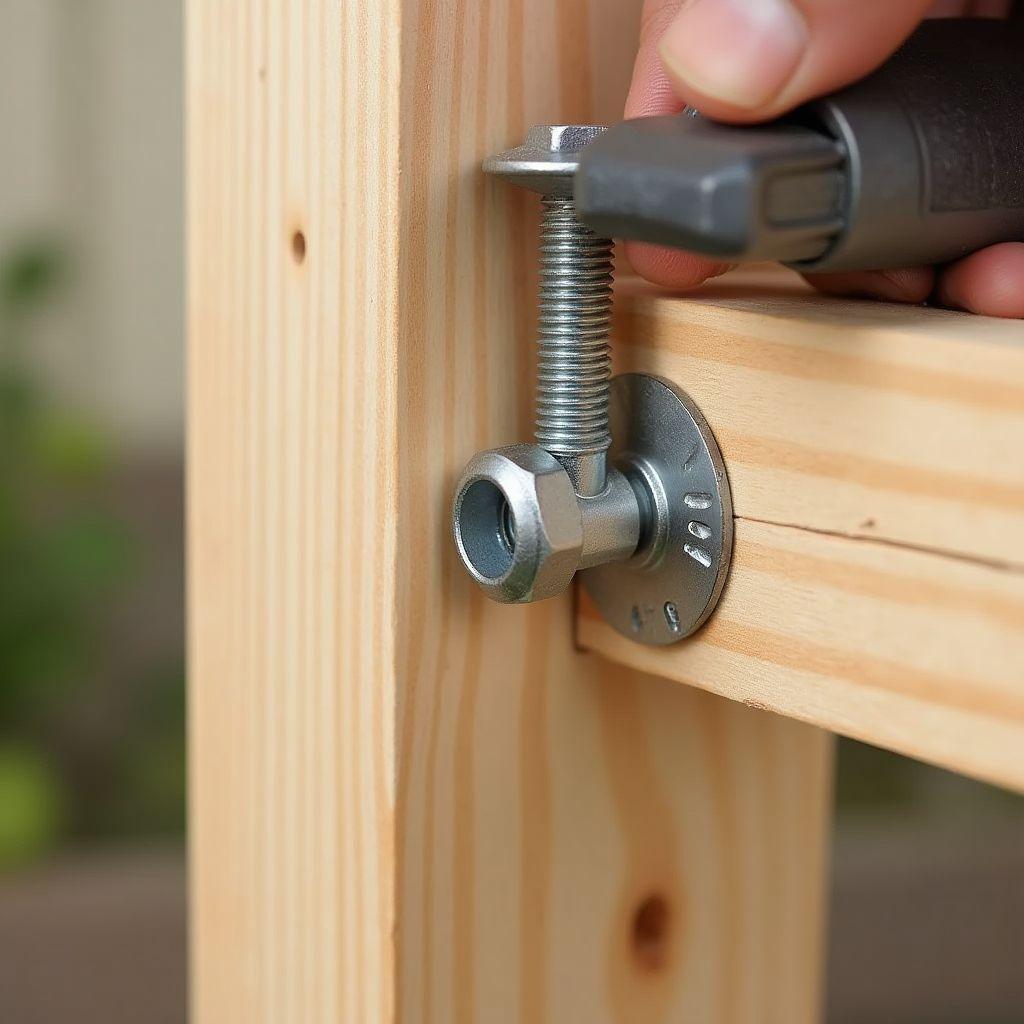 Carriage bolt and hex nut tightened on wood wedding arch joint for bolt-together disassembly design
