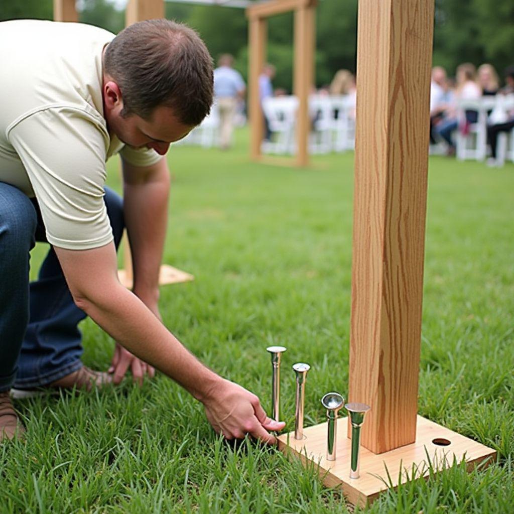 Wood wedding arch secured with metal ground stakes for outdoor stability on grass