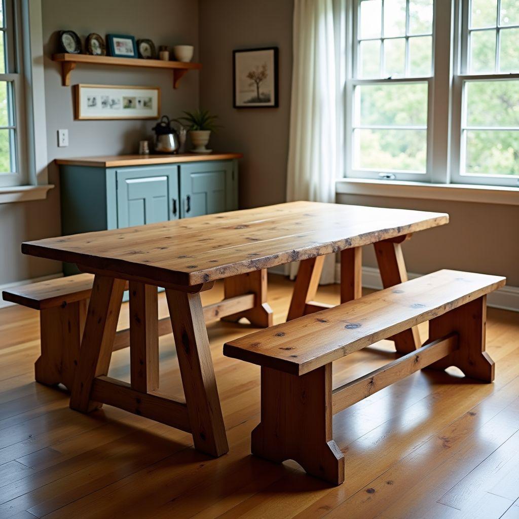 Rustic farmhouse dining table with matching wooden bench, chunky legs and wide plank top
