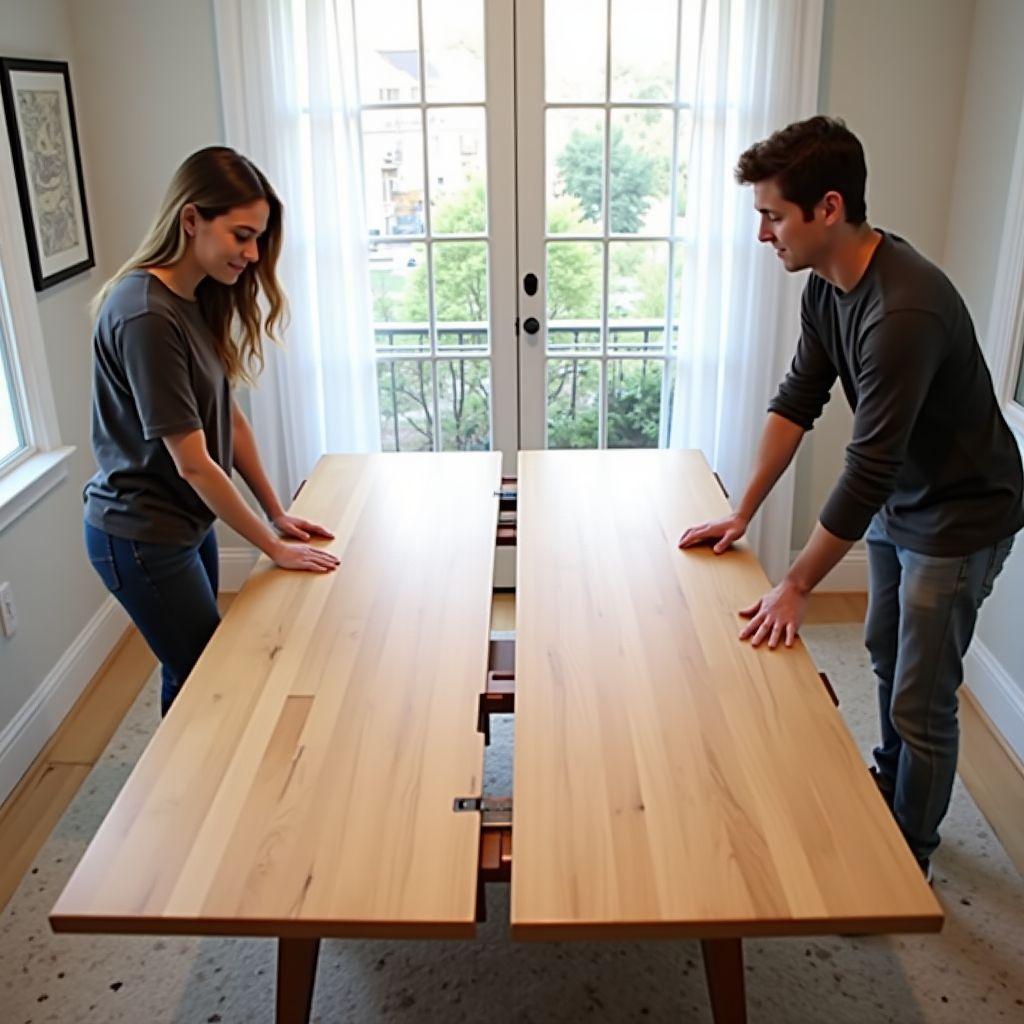 DIY extendable dining table with drop-in leaf insert being opened, pull-apart wooden tabletop