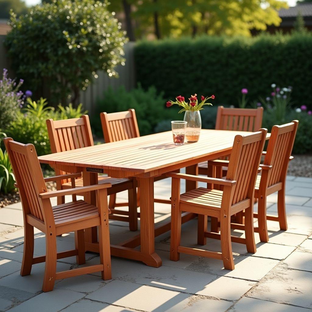 Cedar outdoor patio dining table with slatted top and matching chairs in backyard patio setting