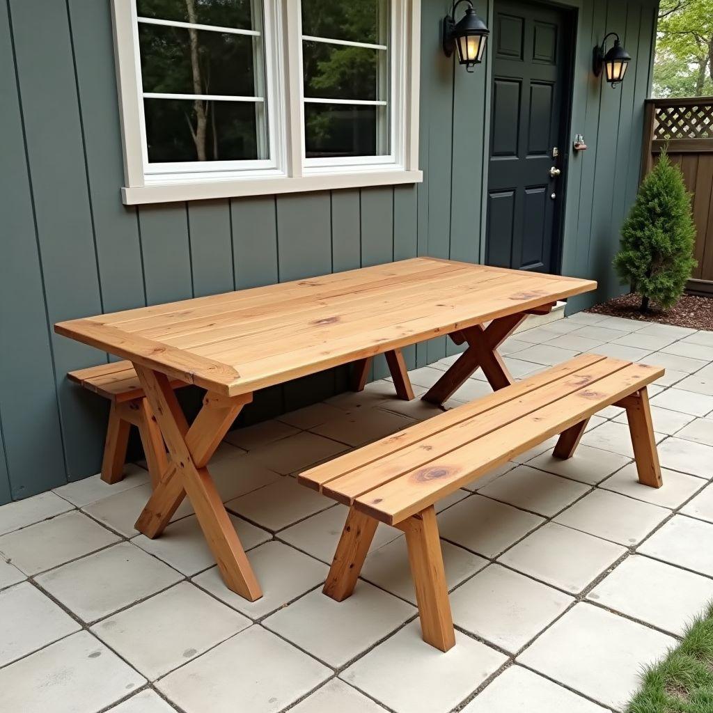 DIY folding patio table and bench set folded flat against wall for compact storage
