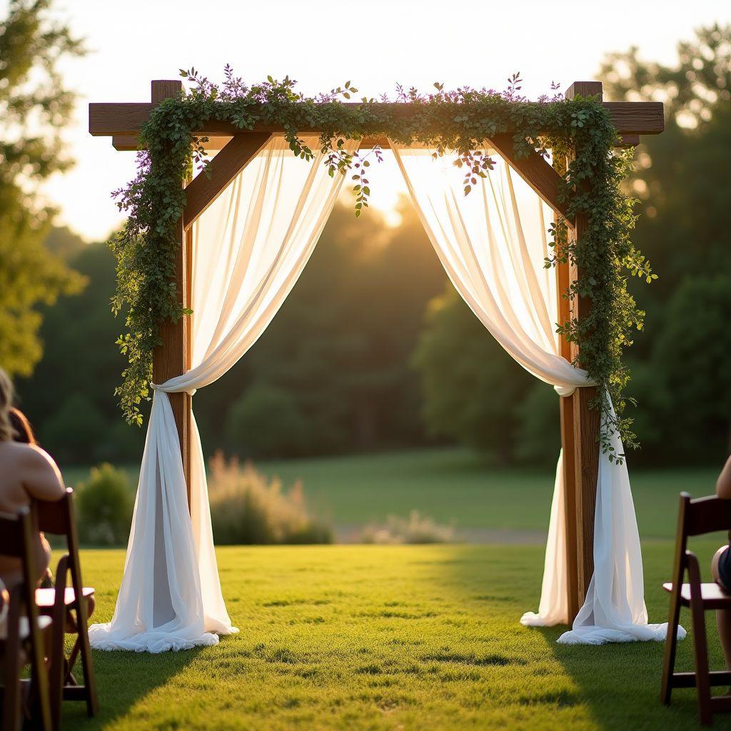 DIY wood wedding arch made from cedar posts with white fabric draping, outdoor garden ceremony