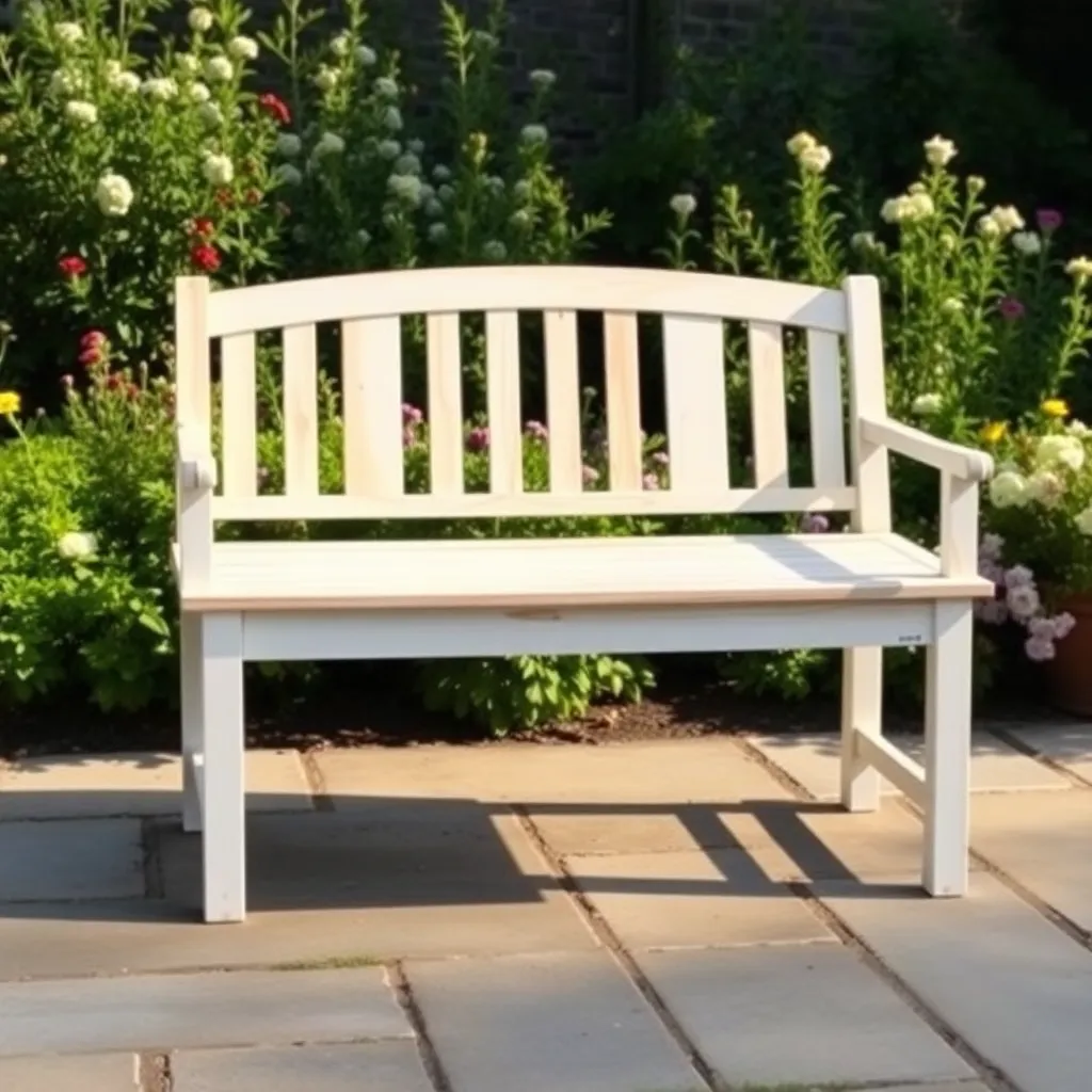 Classic white cedar garden bench with slatted back on stone patio surrounded by flowers
