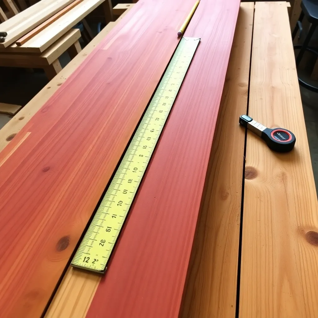 Cedar boards on workbench with tape measure marking dimensions for outdoor bench build