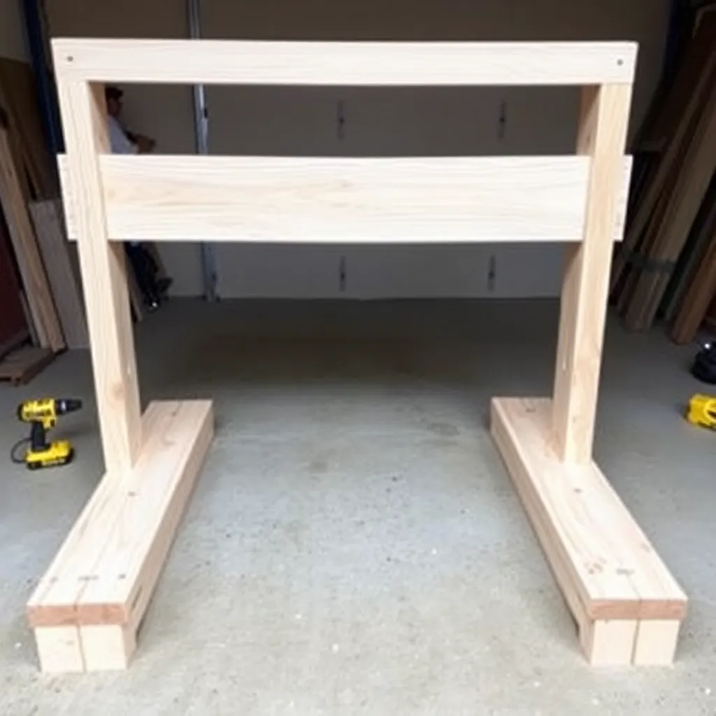 Garden bench end assemblies being built with carriage bolts on garage floor
