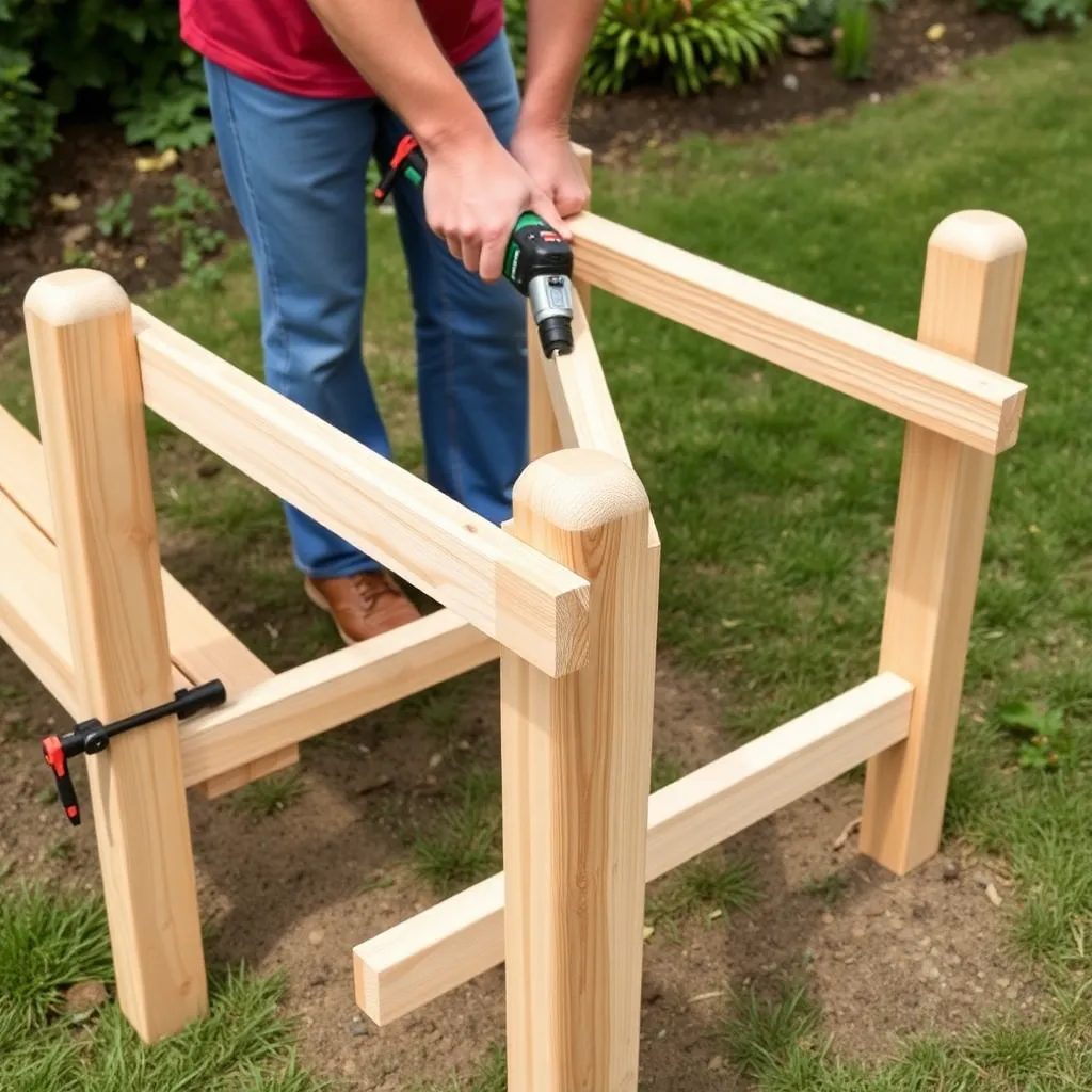 Garden bench frame with side rails connecting end assemblies held with clamps