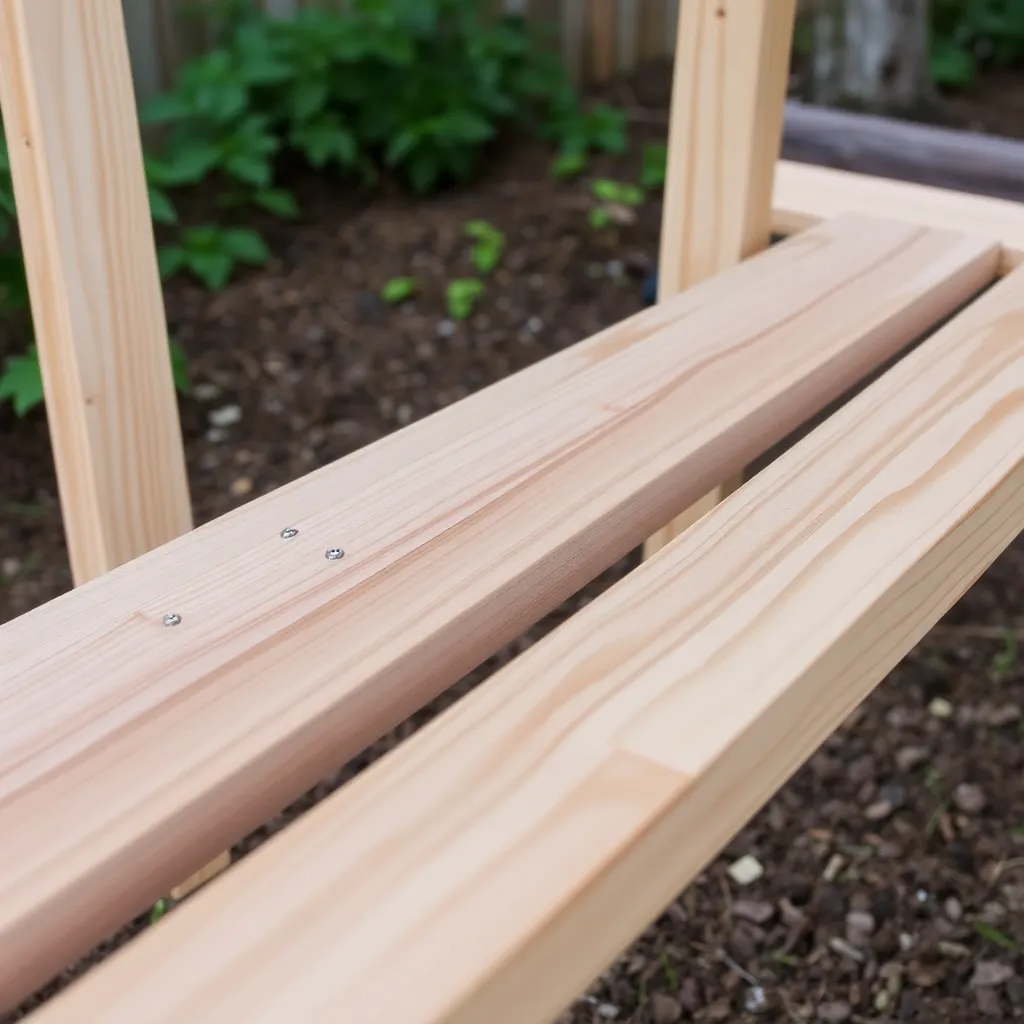 Cedar seat slats being attached to bench frame with even spacing using plywood spacer