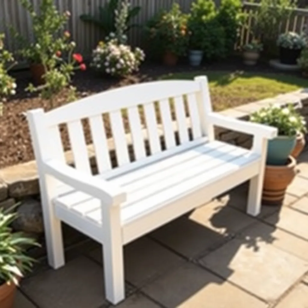 Finished white cedar garden bench on stone patio with flowers and garden in background