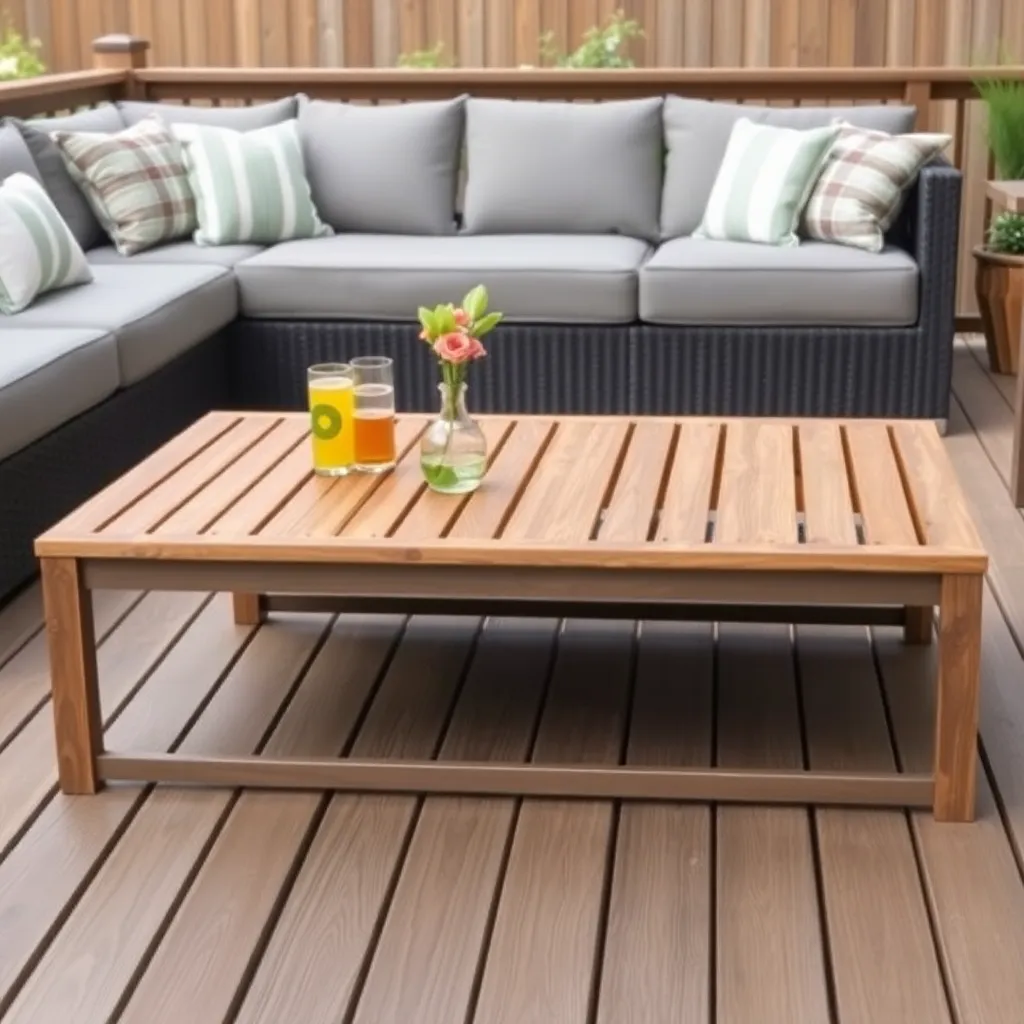 Cedar slatted outdoor coffee table in front of sectional sofa on wood deck with summer decor