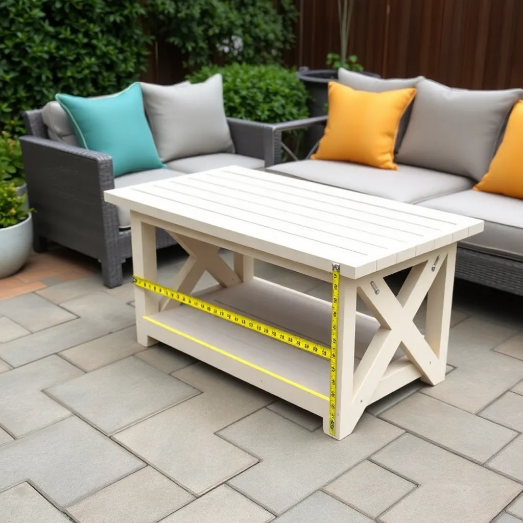 Tape measure on patio showing outdoor coffee table sizing dimensions next to outdoor sofa
