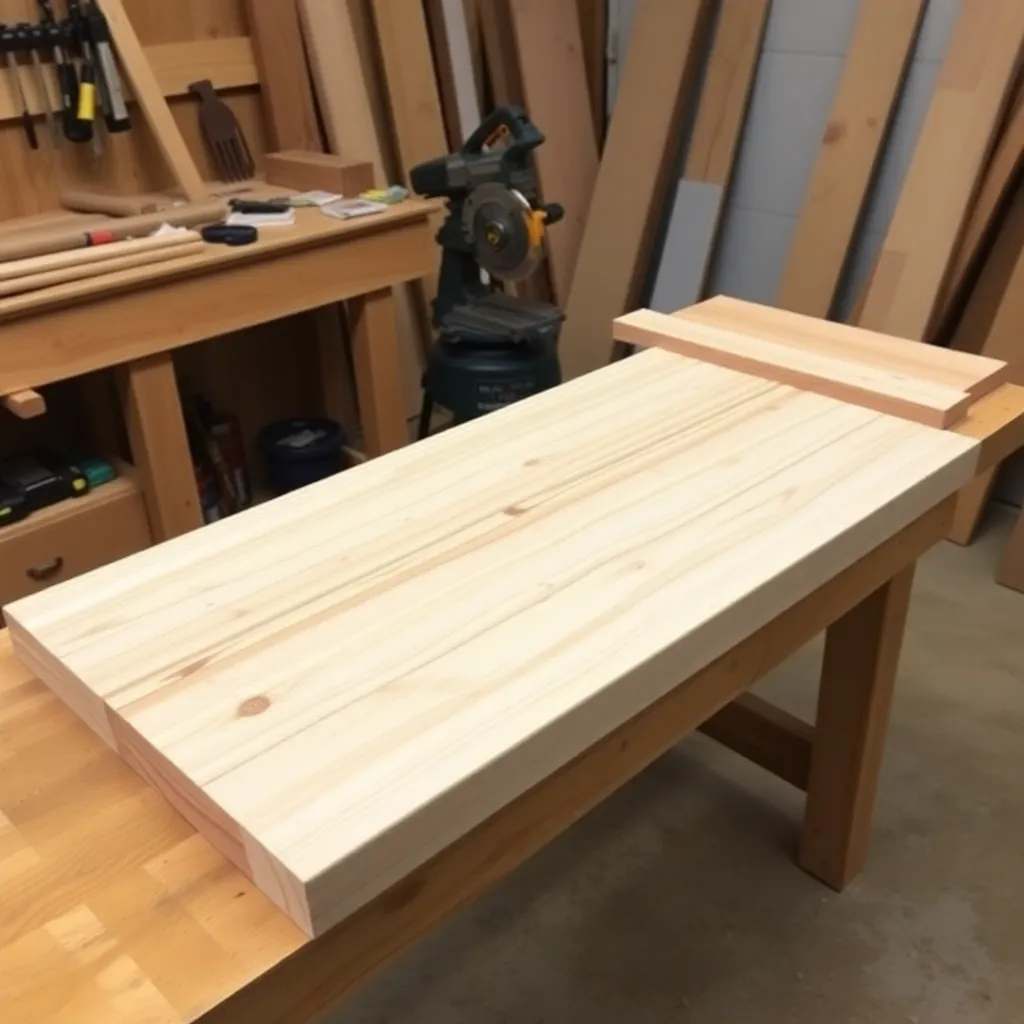 Cedar 4x4 legs and 2x4 aprons cut to length on workbench ready for outdoor coffee table assembly