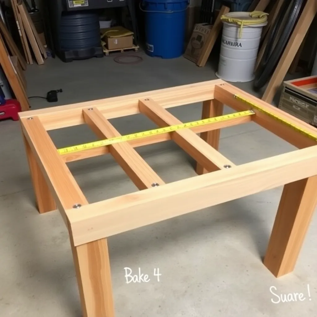 Cedar coffee table base frame with 4x4 legs and aprons connected by carriage bolts being squared