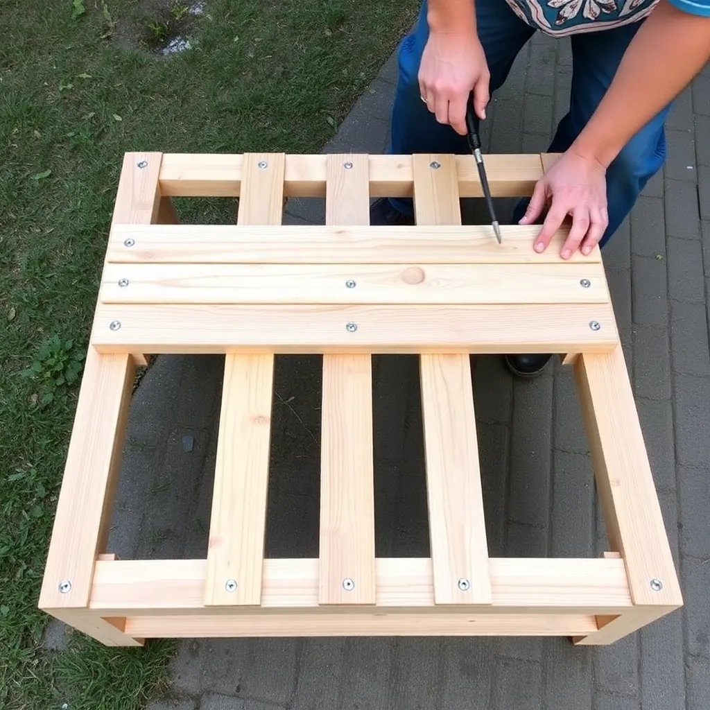 Cedar 2x4 top slats being attached to outdoor coffee table frame with even spacing and countersunk screws