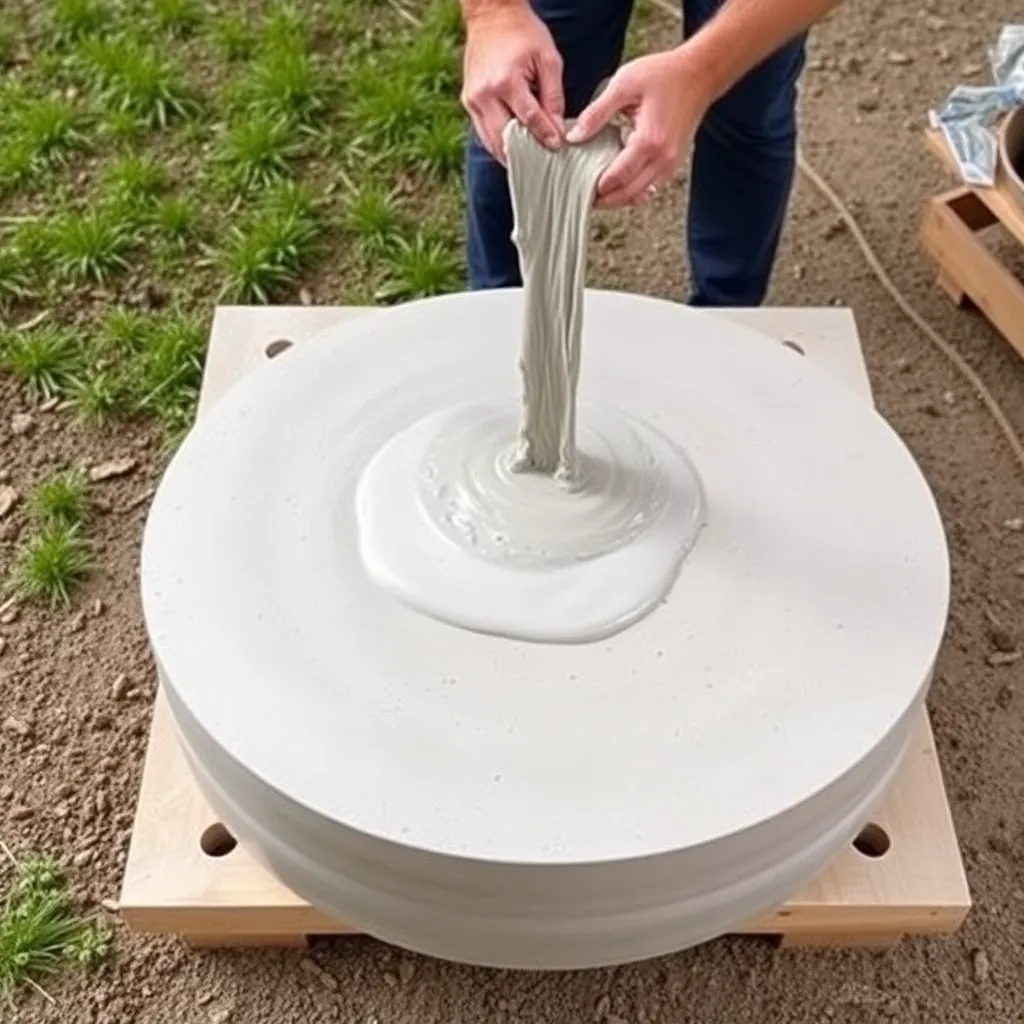 Concrete being poured and screeded in 20x48 inch melamine form for outdoor coffee table concrete top