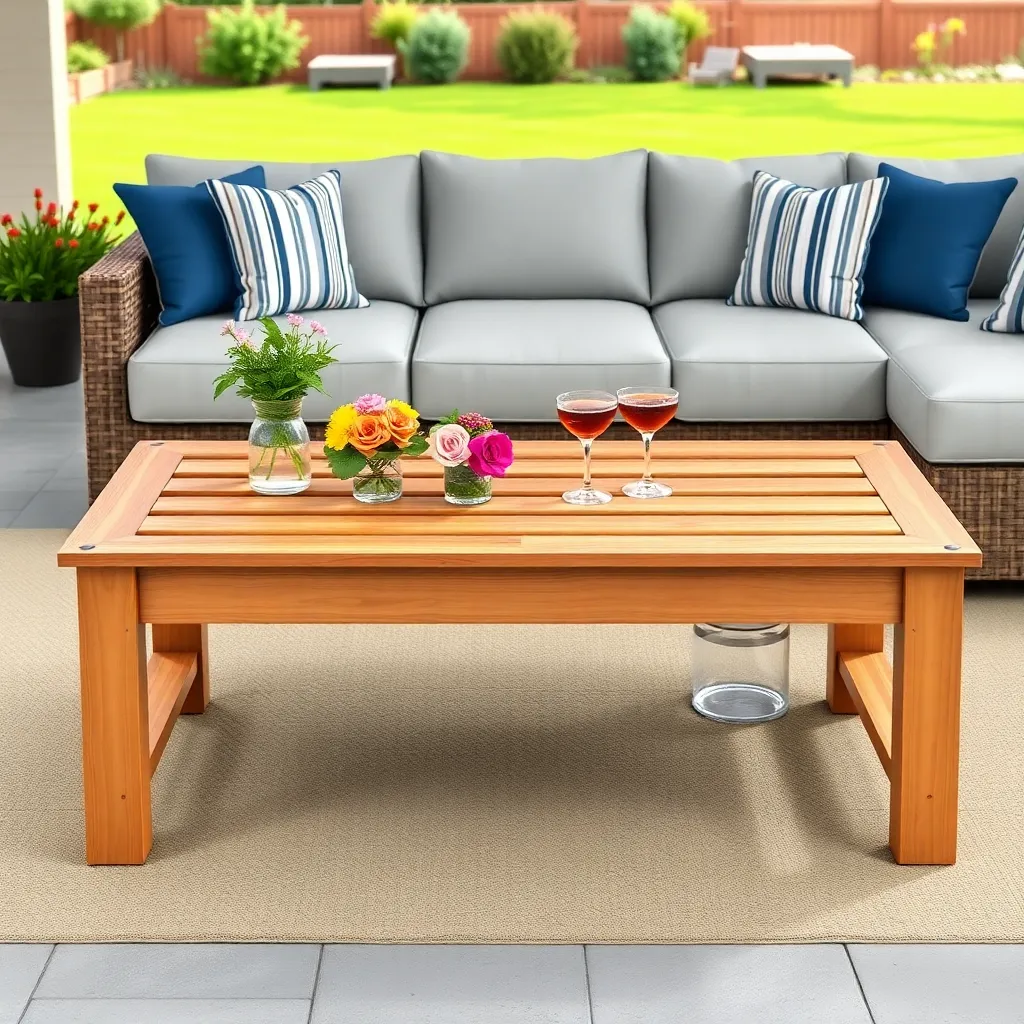 Finished cedar slatted outdoor coffee table in front of sectional sofa on patio with drinks and flowers