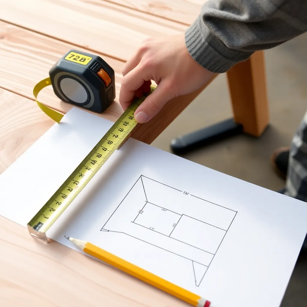 Tape measure on cedar lumber with trestle table design sketch for outdoor dining table build