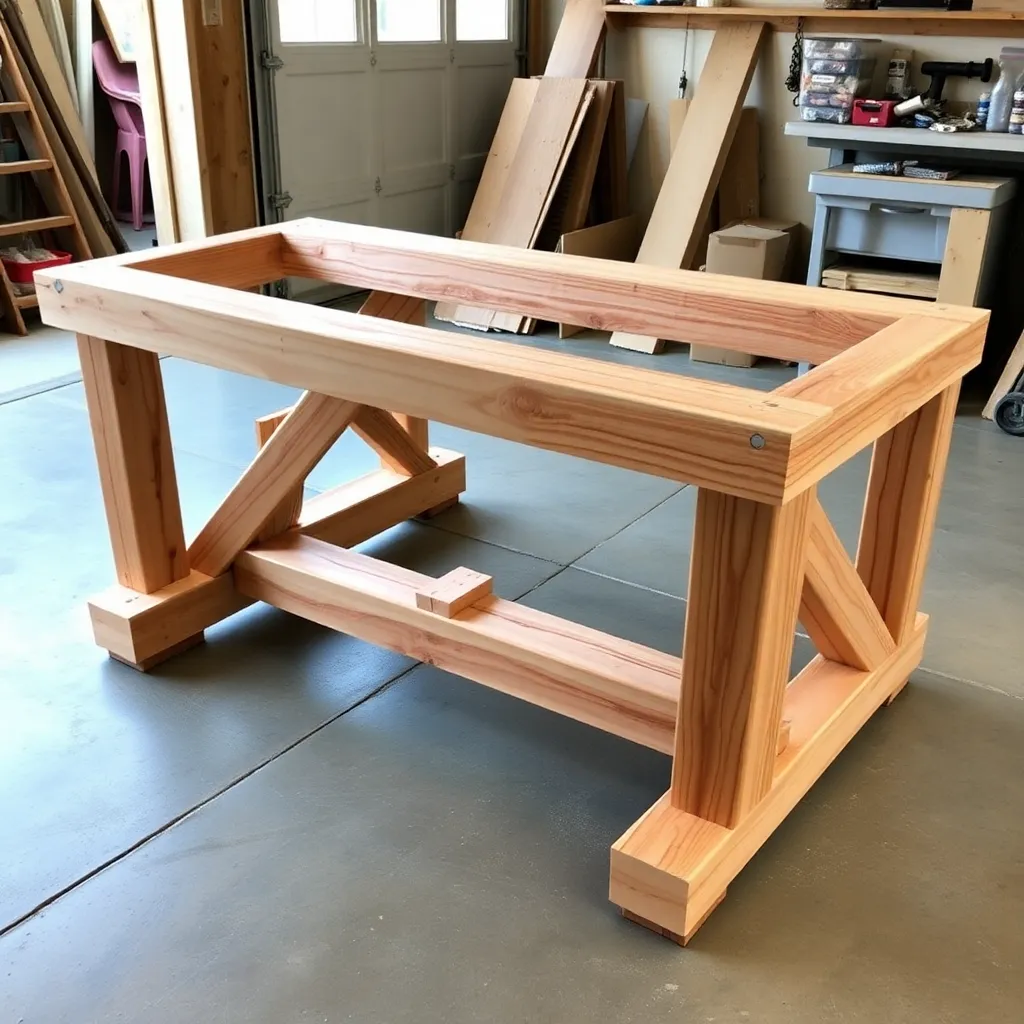 Cedar trestle end assembly with 4x4 legs and feet connected by carriage bolts on garage floor