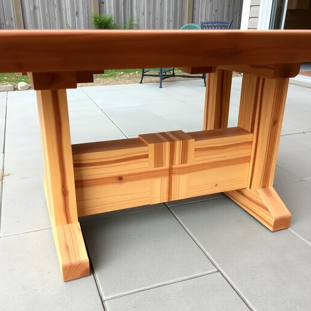 Cedar trestle dining table base with center stretcher connecting both end assemblies