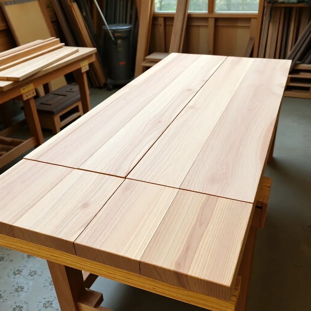 Cedar 2x6 tabletop boards arranged with alternating grain direction on workbench for patio dining table
