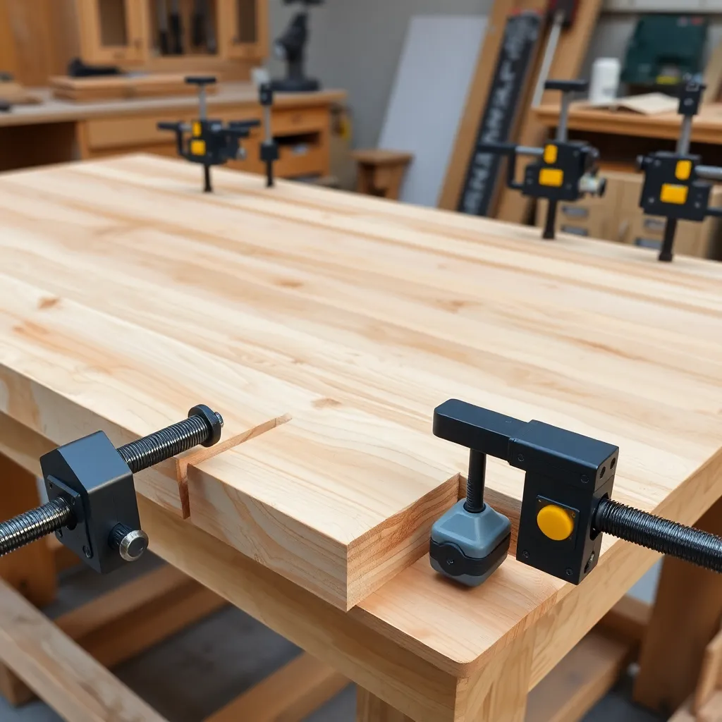 Cedar dining table top boards being glued and clamped with bar clamps and pocket hole joinery