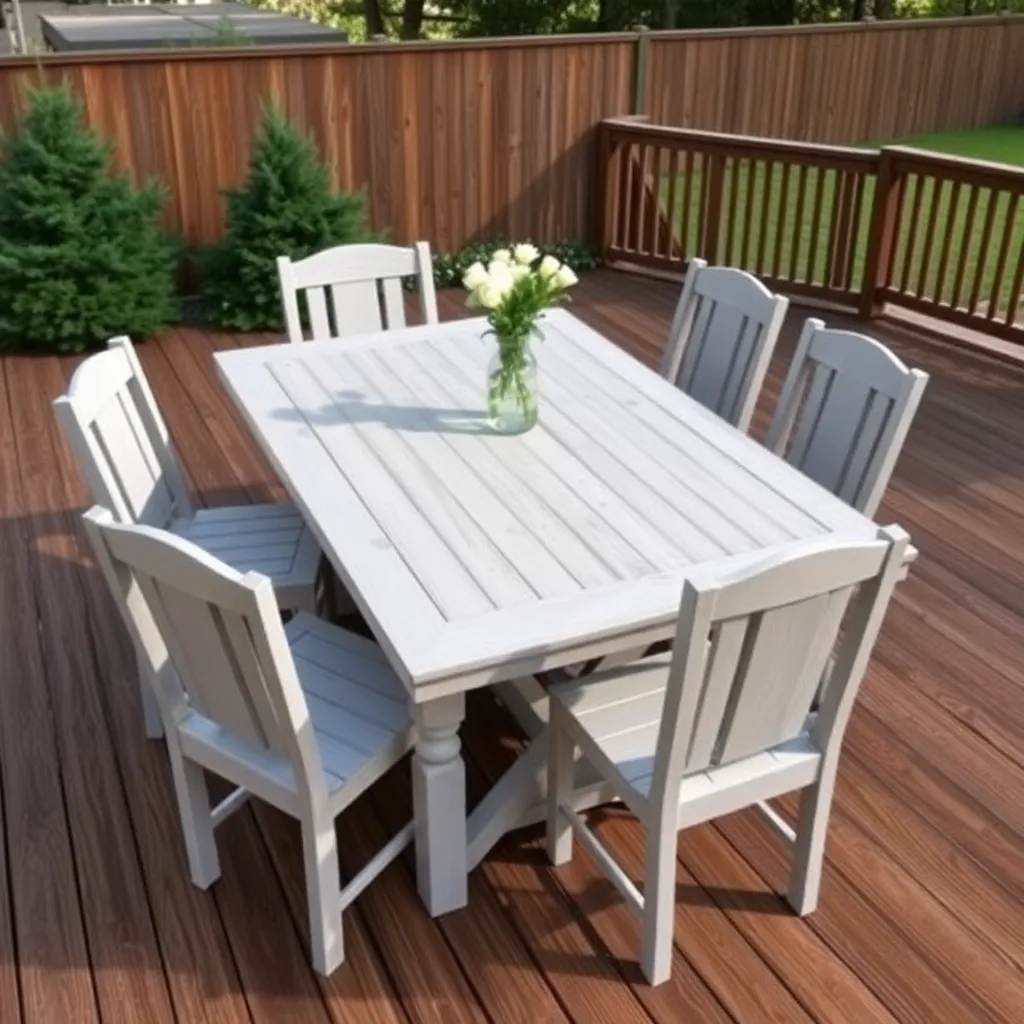 Finished cedar outdoor dining table on wood deck with six chairs set for family dinner