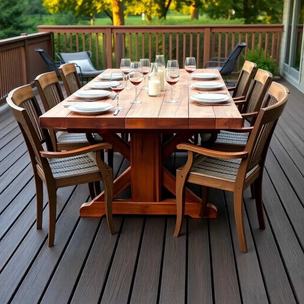 Cedar outdoor dining table with trestle base on wood deck set for six-person dinner