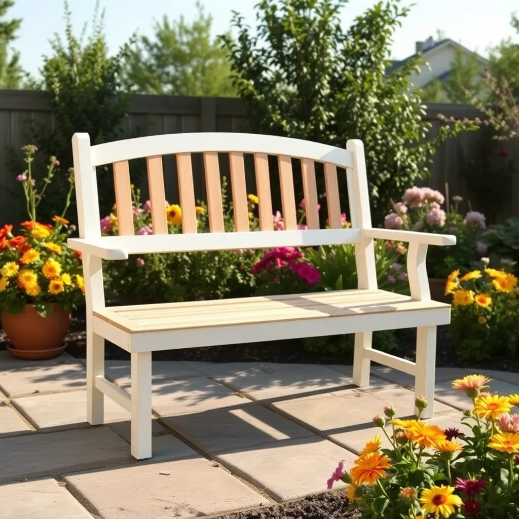 Classic white cedar garden bench with slatted back on stone patio surrounded by summer flowers