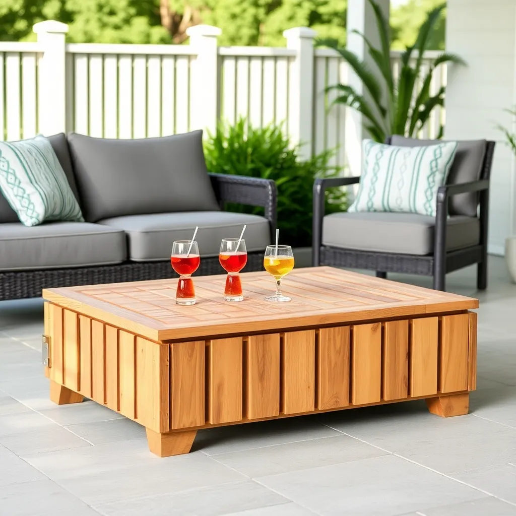 Cedar slatted outdoor coffee table in front of gray sofa on patio with summer drinks