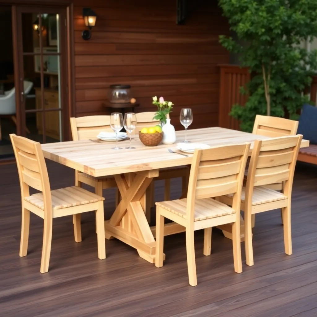 Cedar outdoor dining table with trestle base on wood deck set for six-person family dinner
