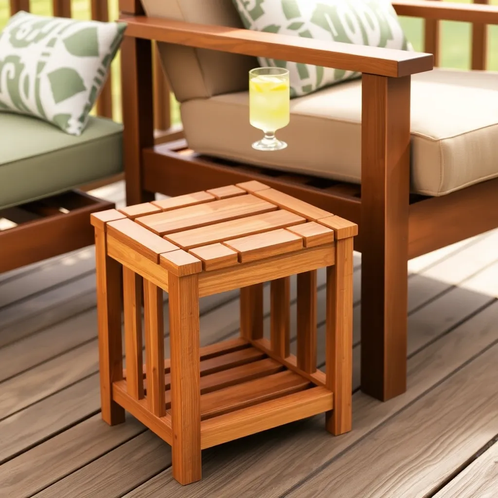 Cedar slatted patio end table beside lounge chair with lemonade on wood deck