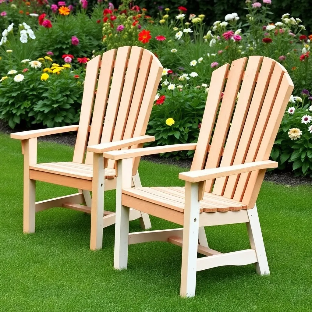 Pair of white cedar slatted garden chairs on lawn with flower garden background