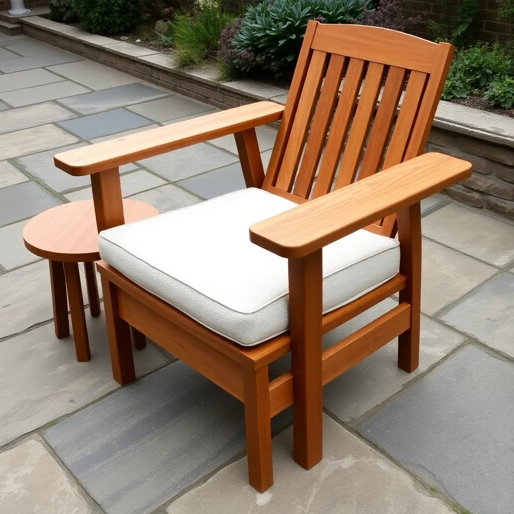 Teak Lutyens steamer chair with wide arms and side table on stone garden terrace