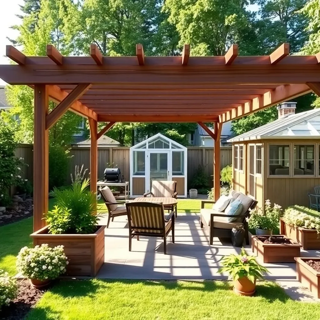 Beautiful backyard with cedar pergola outdoor furniture planters and greenhouse in summer garden