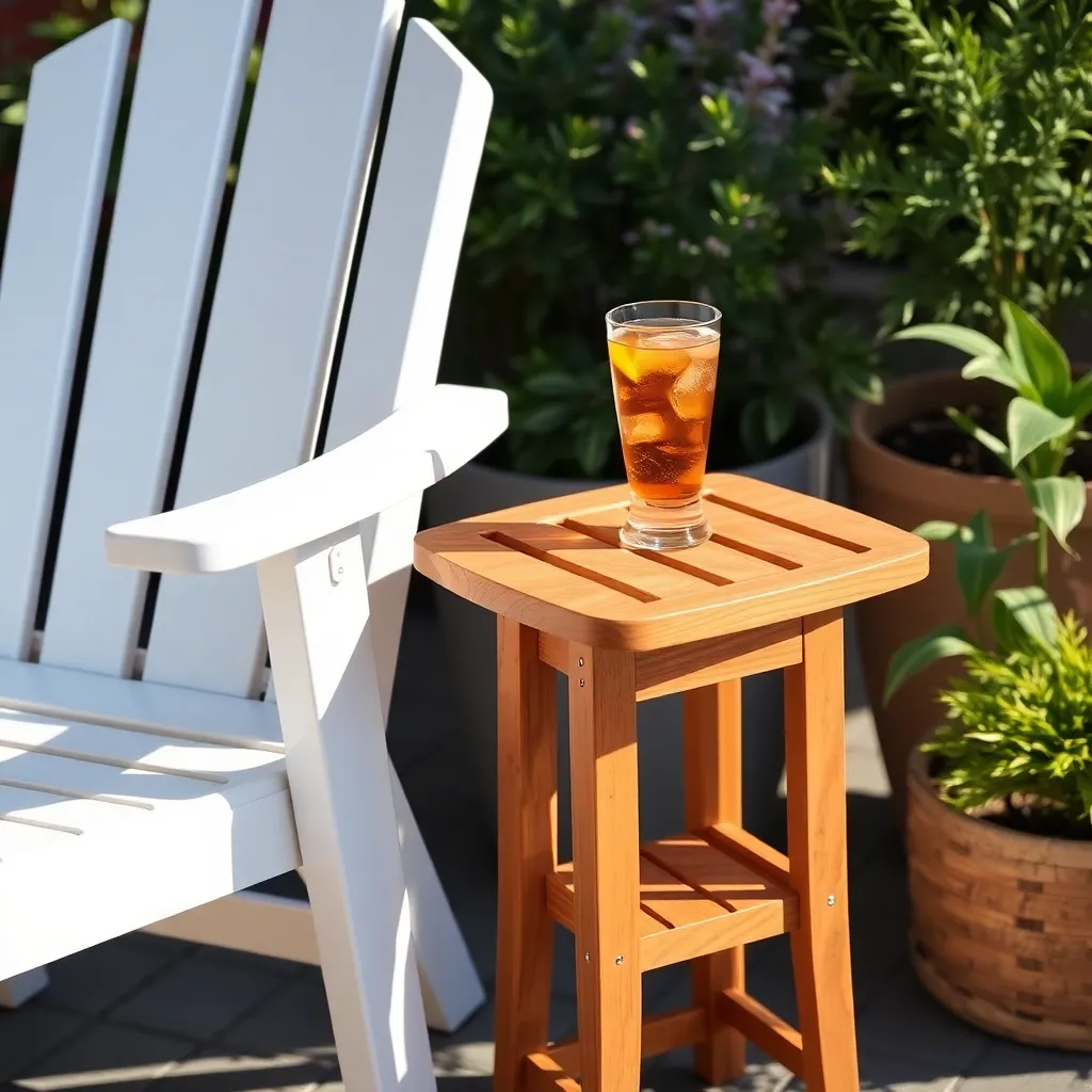 Cedar slatted outdoor side table beside patio chair with iced tea on summer deck